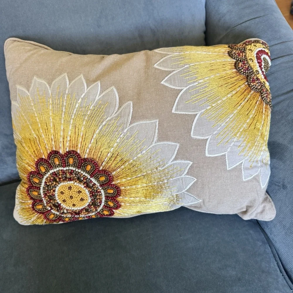 Vintage Pier 1 Beaded ~ Embroidered ~Sunflower Throw Pillow ~ Floral BOHO 20x14